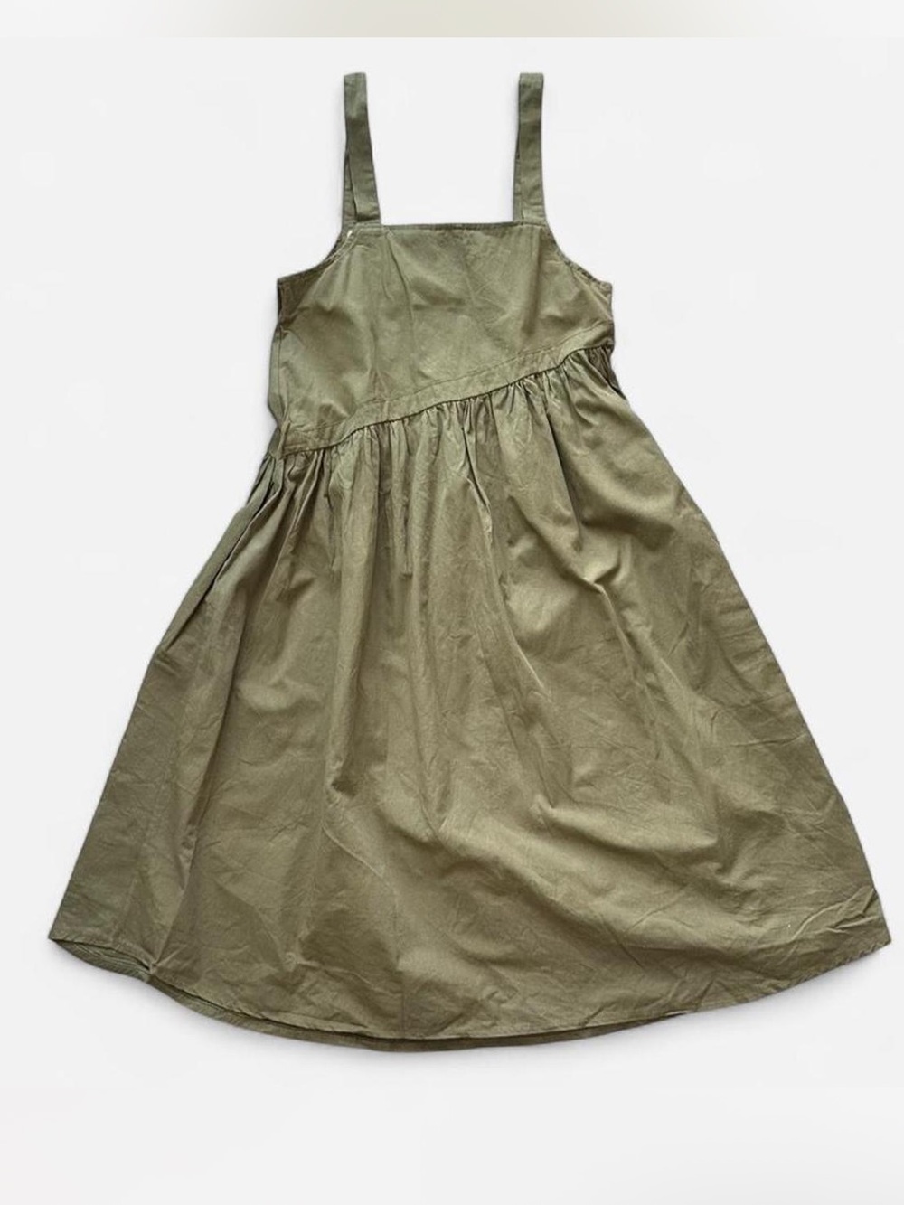 BANANANAXX Olive Green Mori-Girl Pinafore Midi Dress | Earthy & Minimalist